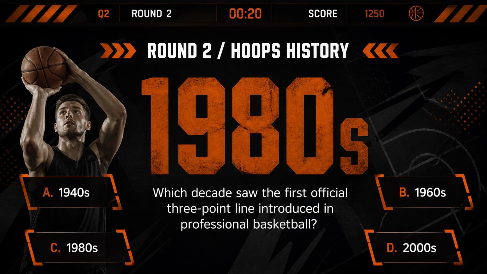 Basketball history trivia slide presenting a question, answer options, and a clean scoreboard-inspired design.