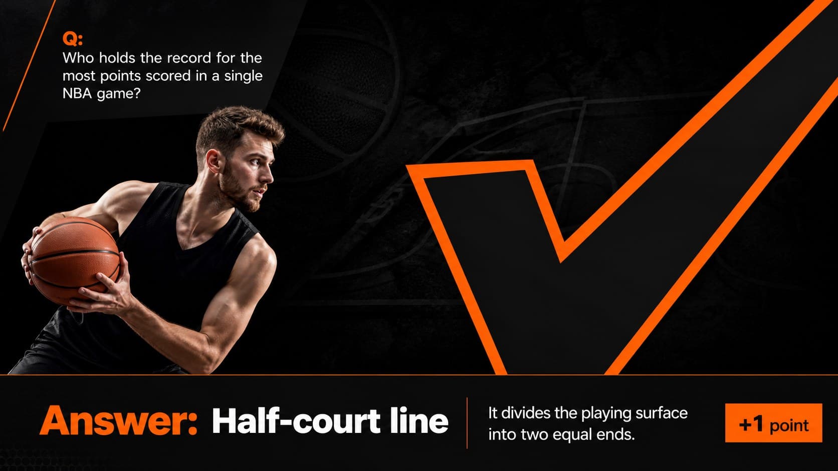 Basketball answer reveal slide highlighting the correct response with a bold geometric check symbol.