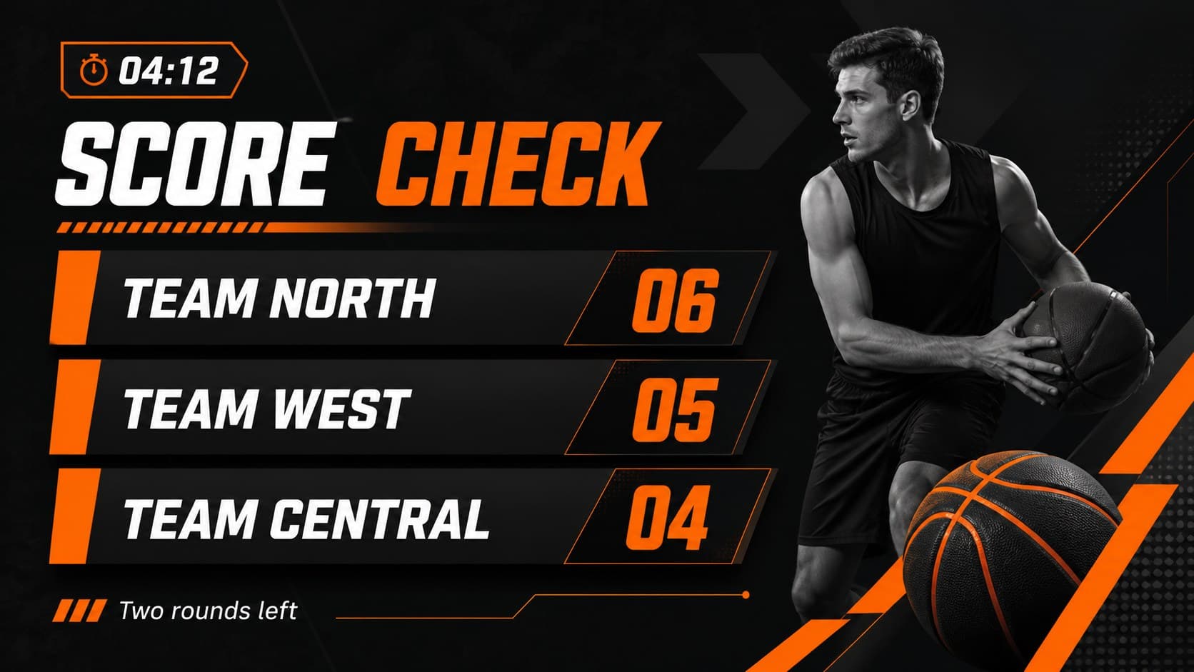 Basketball quiz scoring slide with team totals, progress bars, and sharp black geometric decoration.