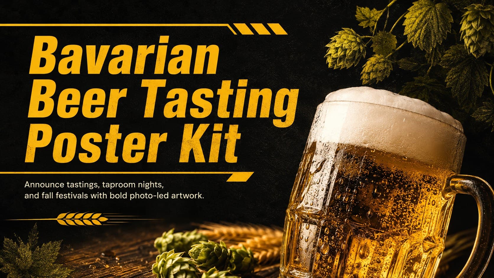 Bavarian Beer Tasting Poster Kit cover with beer photography, bold lettering, and a black-and-yellow festival palette.