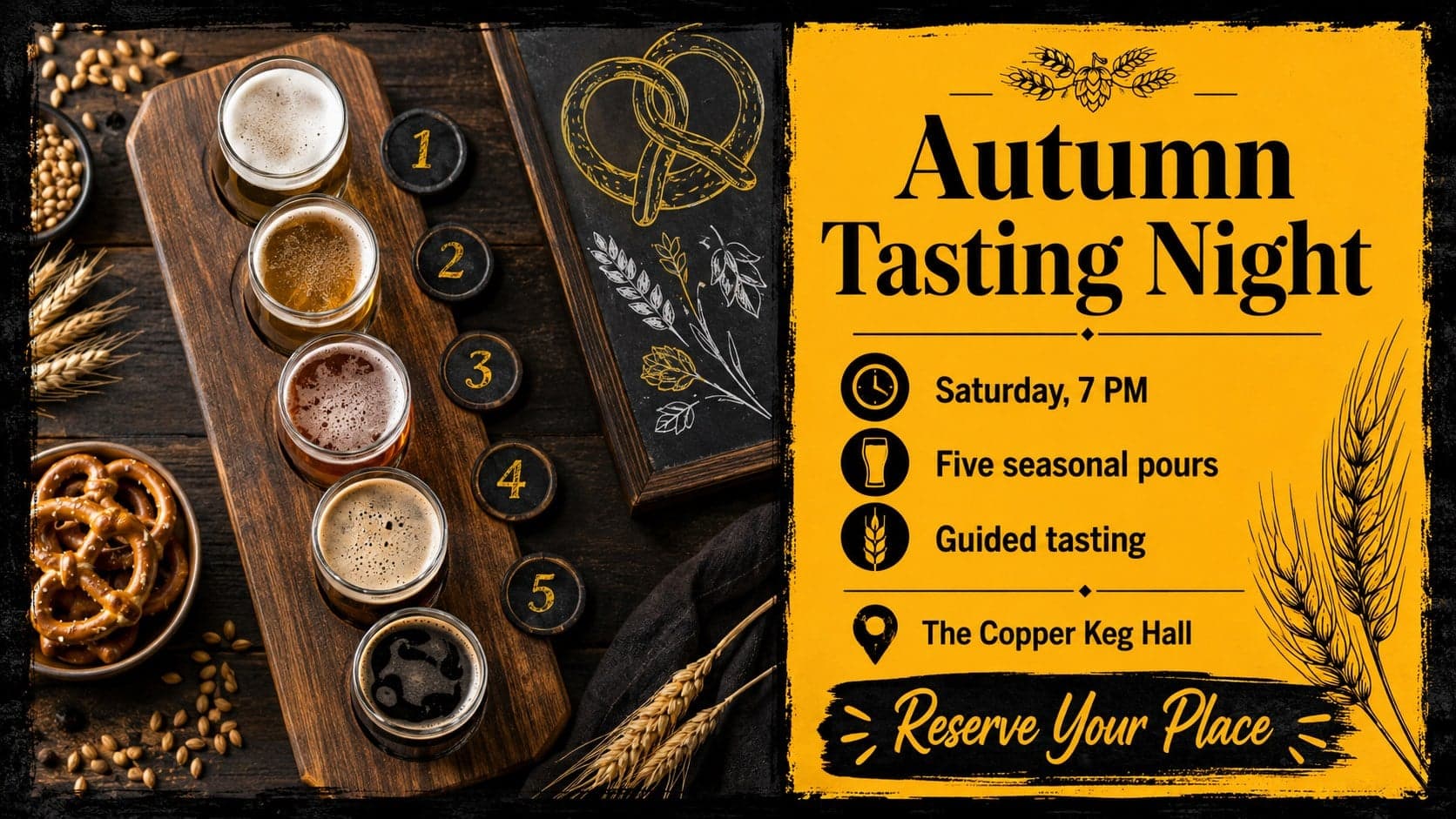 Editable Oktoberfest event poster presenting a beer tasting date, venue, admission details, and reservation call to action.