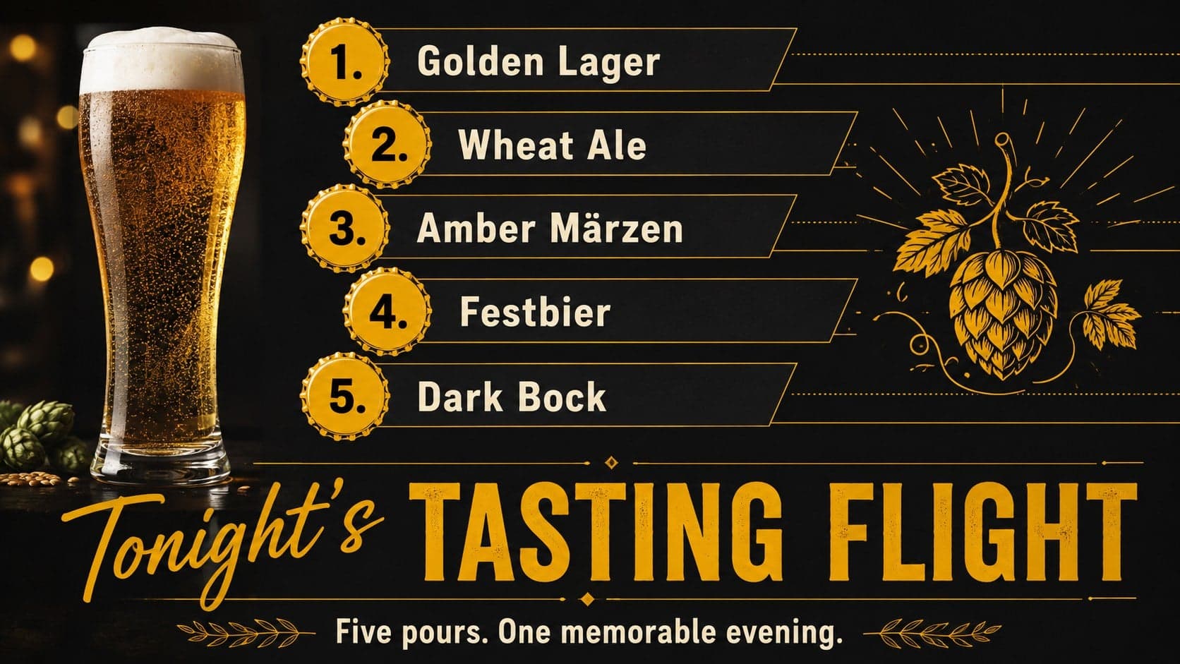 Beer tasting lineup poster listing five seasonal pours in a bold black-and-yellow brewery event layout.