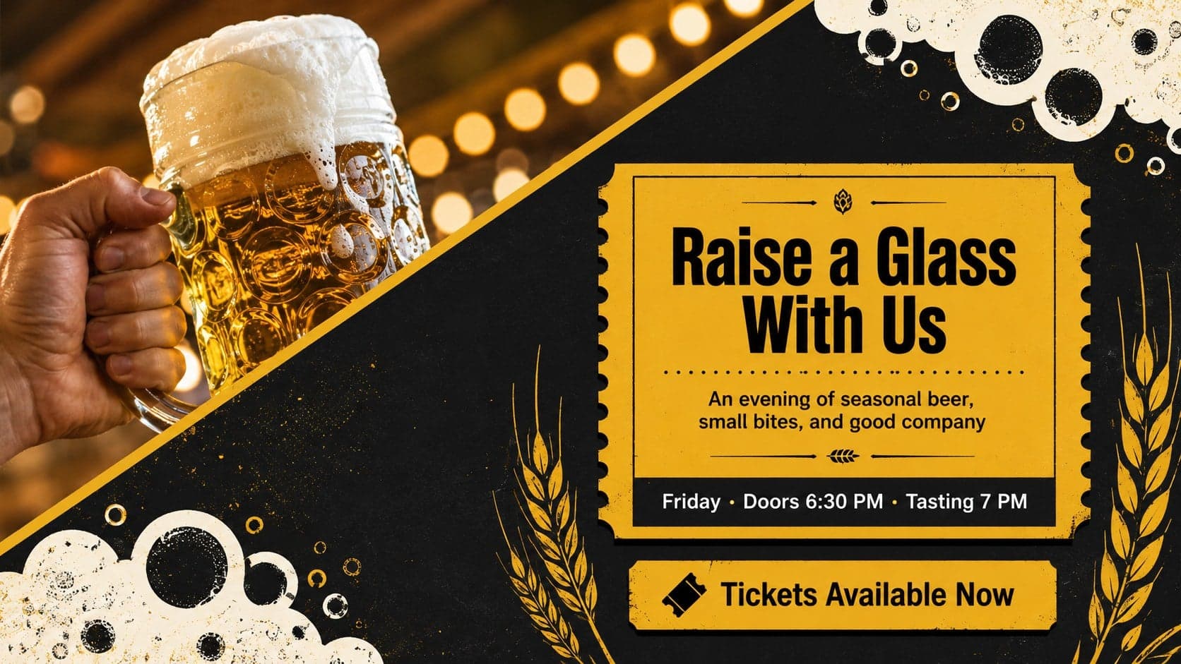 Pub beer sampling invitation template with ticket information, festive photography, and high-contrast Bavarian styling.