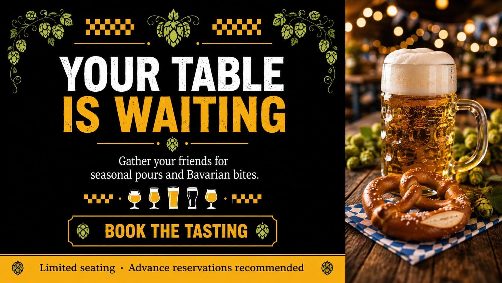 Bavarian brewery event poster encouraging reservations with beer and pretzel photography in black and yellow.