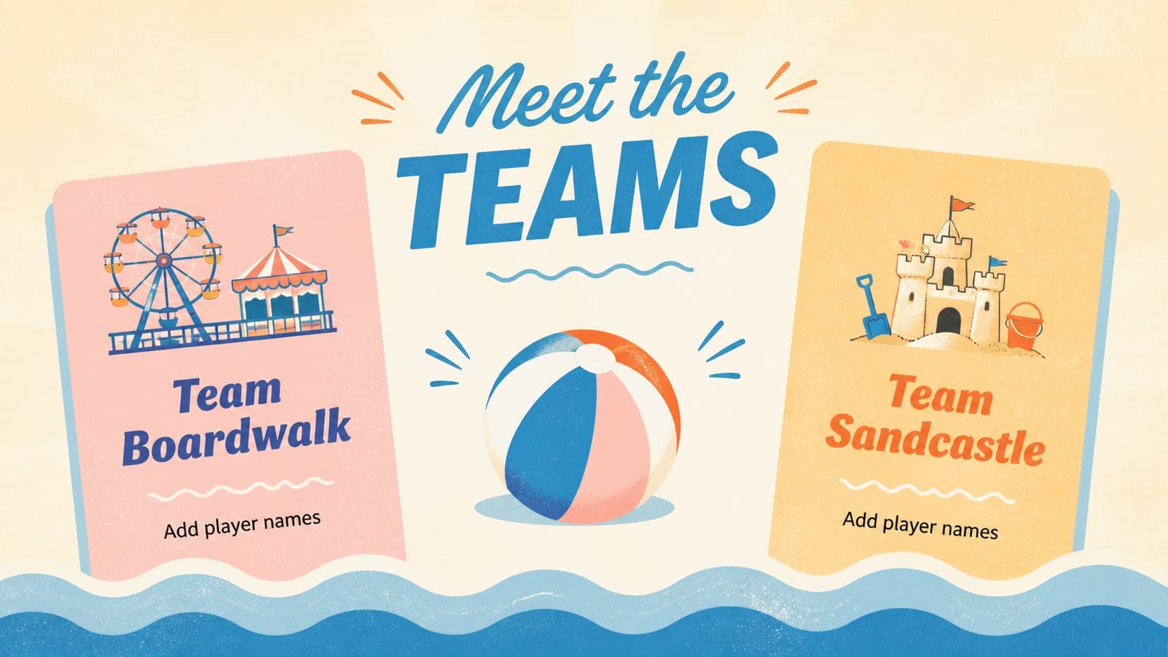 Retro beach team introduction slide for an editable top answers presentation.