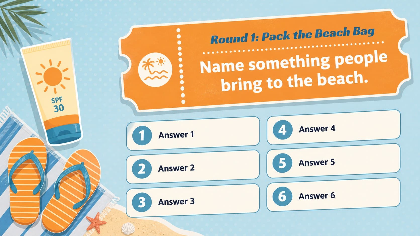 Beach party team quiz slide asking players to name something packed for a seaside day.
