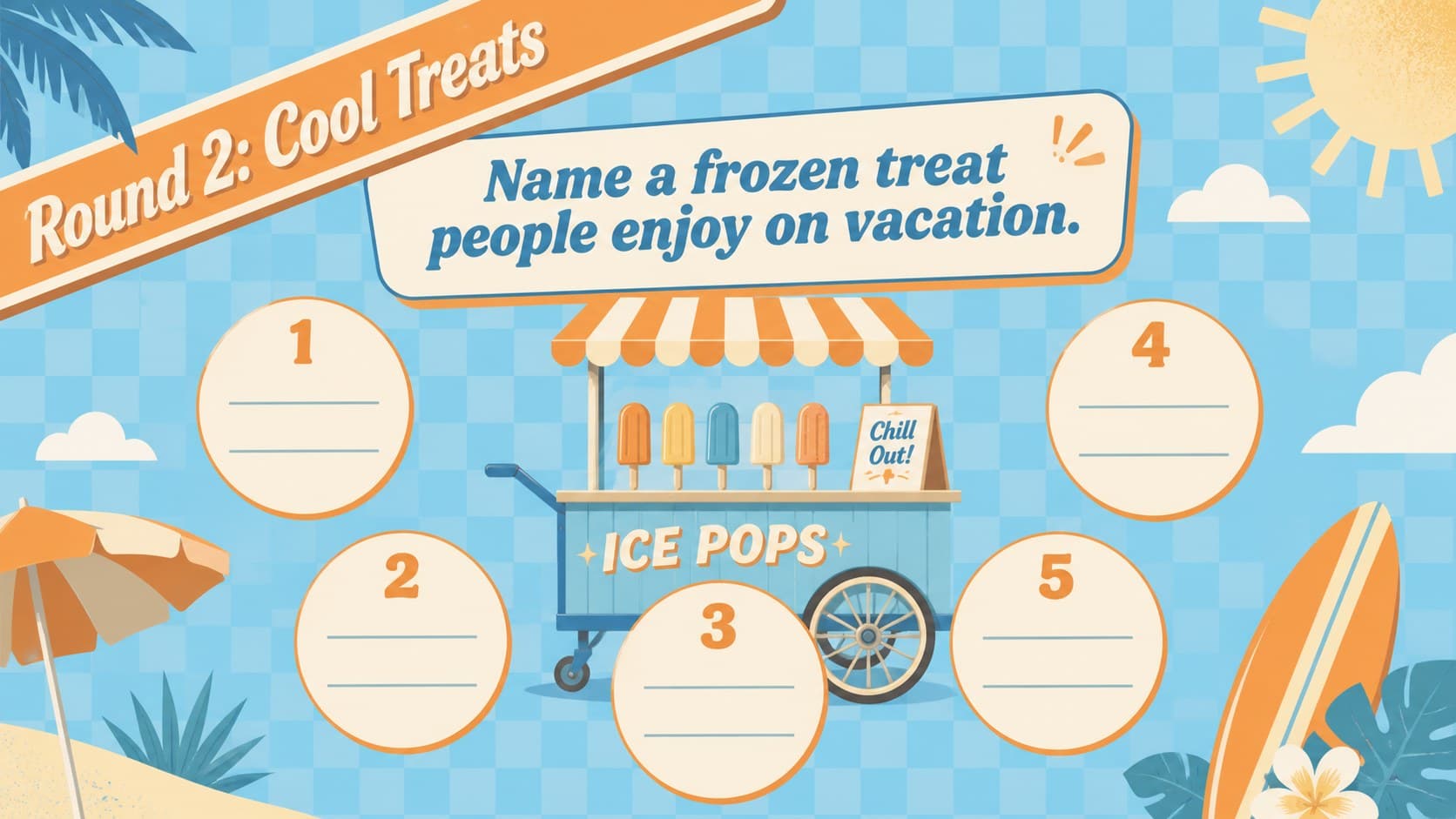 Editable summer survey game slide about favorite frozen vacation treats.