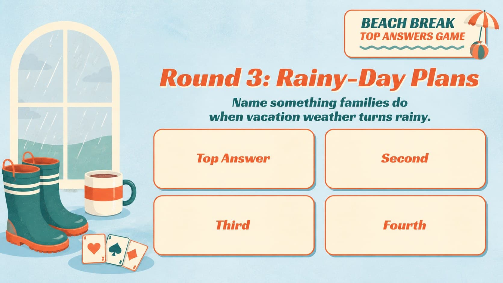 Summer camp survey game question about activities on a rainy vacation day.