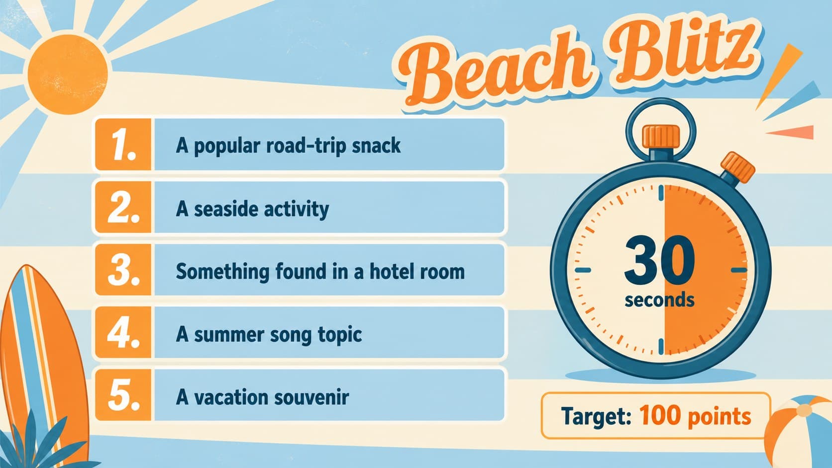 Fast money style final challenge for an interactive beach quiz presentation.