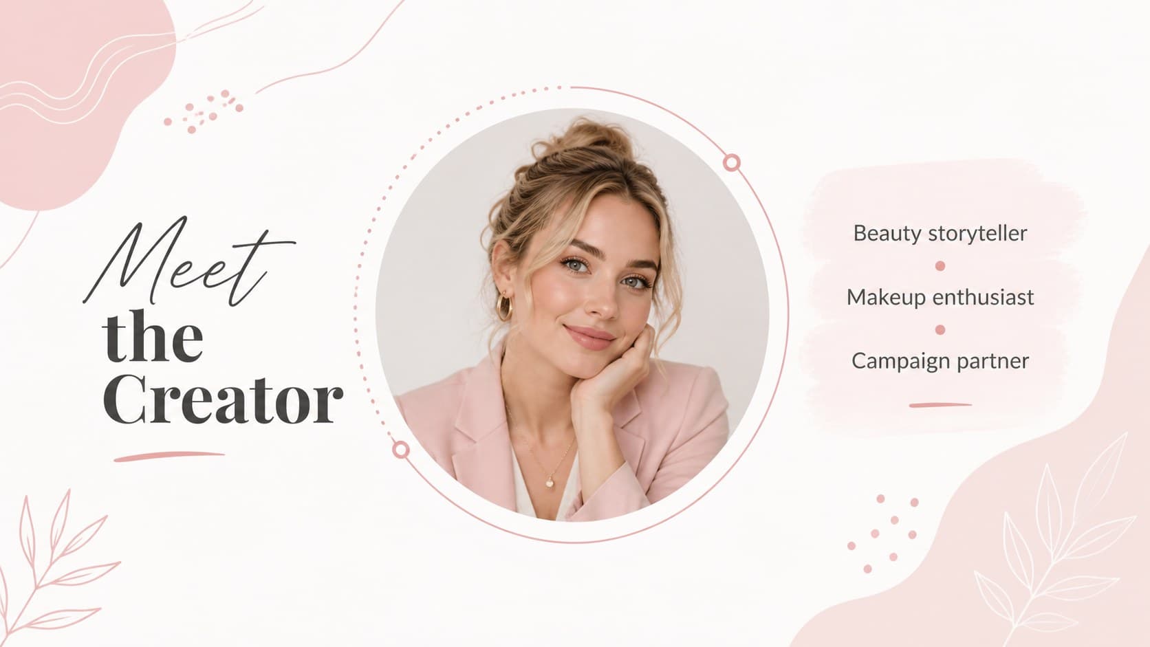Profile slide showing a beauty content creator introduction for a professional portfolio.