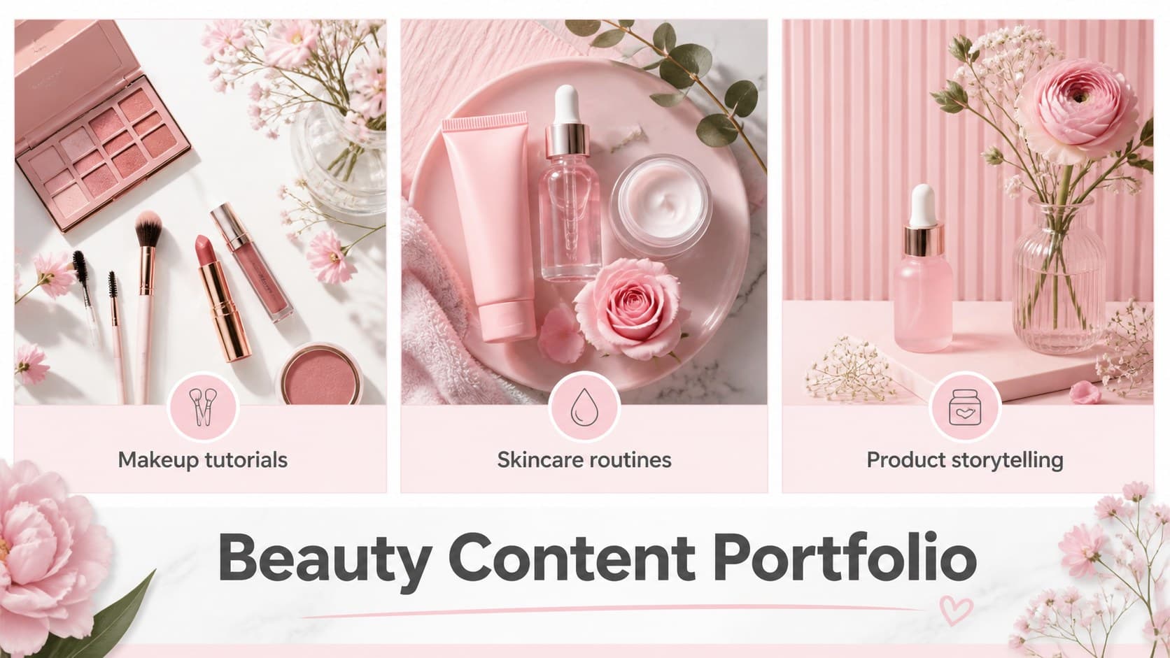 Beauty content portfolio slide featuring selected makeup and skincare work.