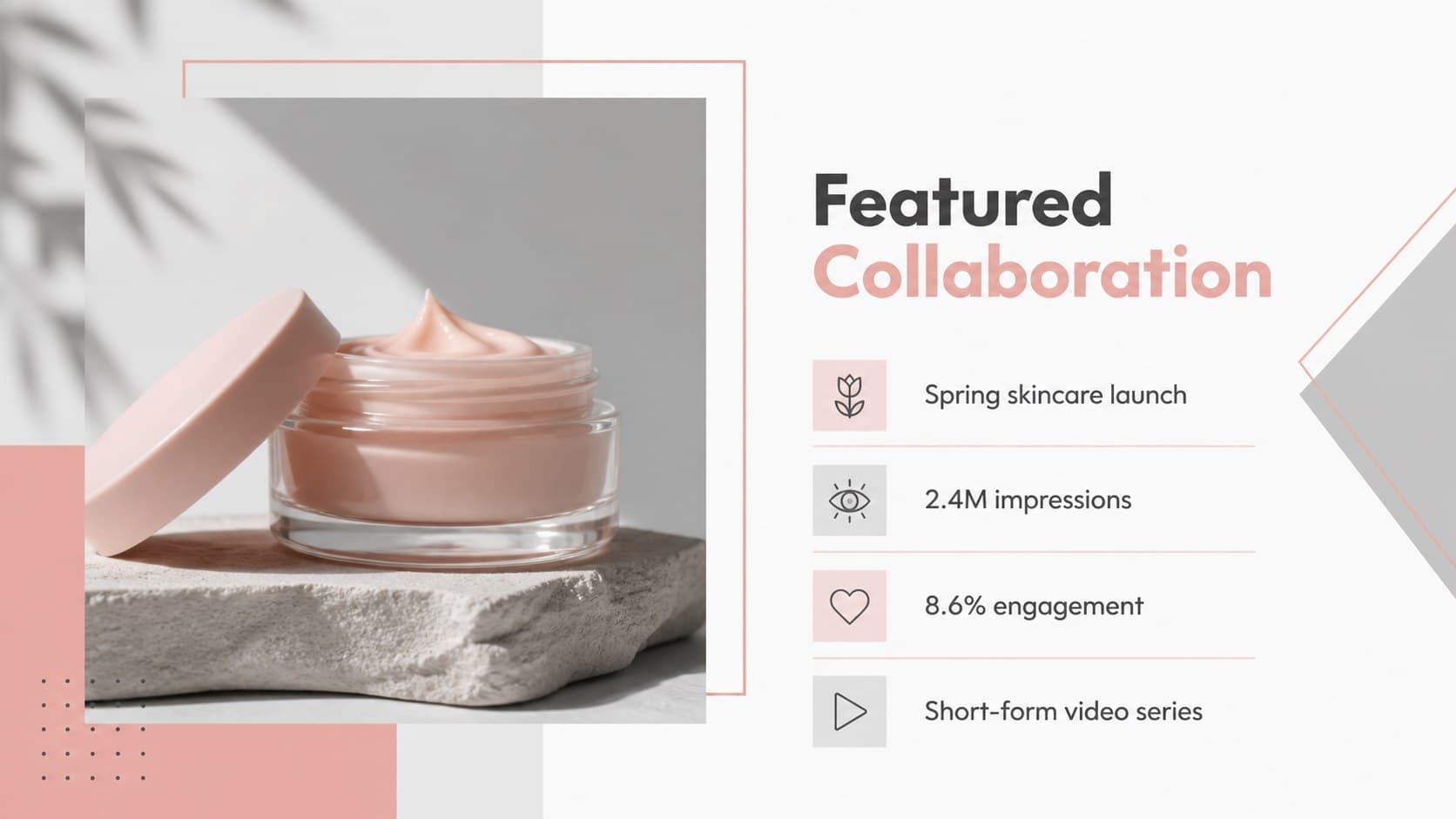 Featured collaboration slide presenting a beauty campaign case study with results.