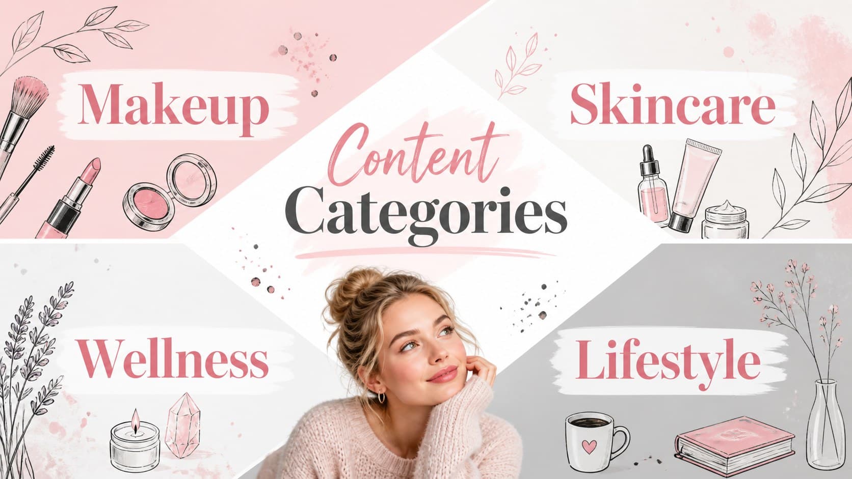 Content categories slide organizing makeup, skincare, wellness, and lifestyle topics.