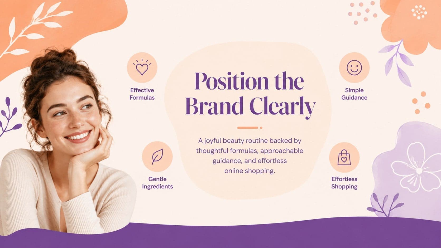 Brand positioning slide defining a clear promise for a cosmetics ecommerce campaign.