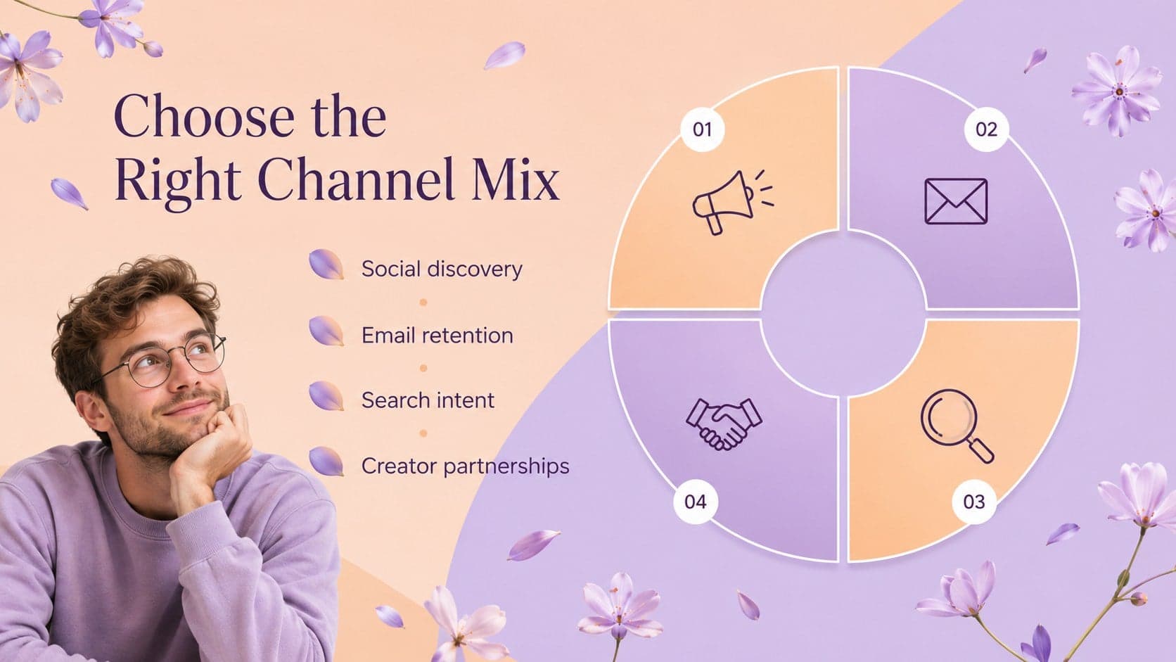 Marketing channel mix slide for a skincare product launch strategy across social, email, search, and partnerships.