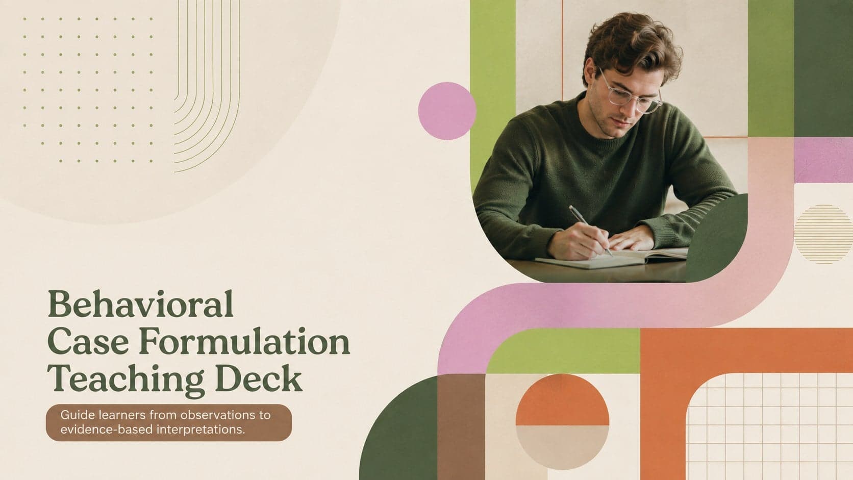 Cover of a behavioral case formulation teaching deck with layered geometric accents in green, beige, pink, orange, and brown.