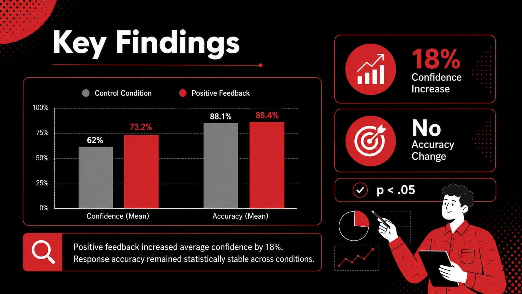 Behavioral study results slide with a comparison chart, key statistics, and concise psychology findings.