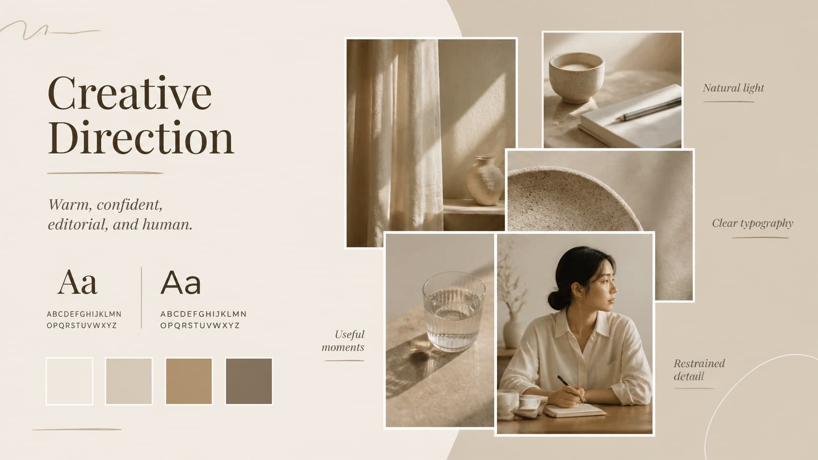 Neutral creative direction slide displaying campaign tone, photography style, typography, and beige color swatches.