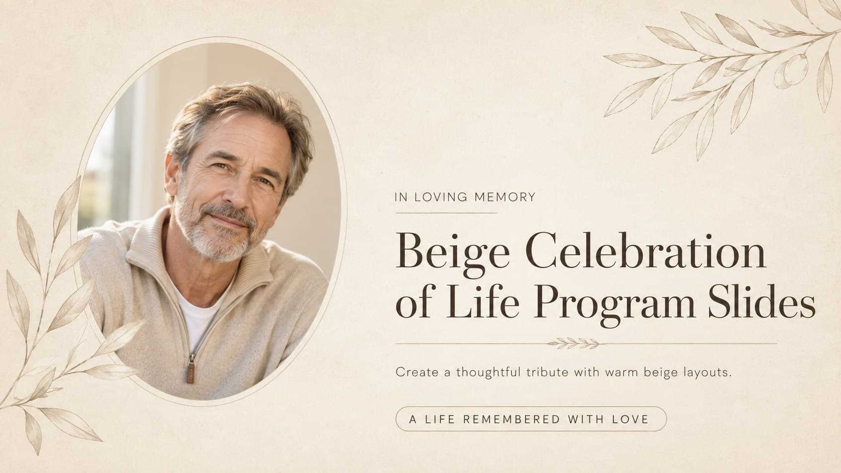 Cover for Beige Celebration of Life Program Slides with an elegant portrait frame and delicate botanical details.
