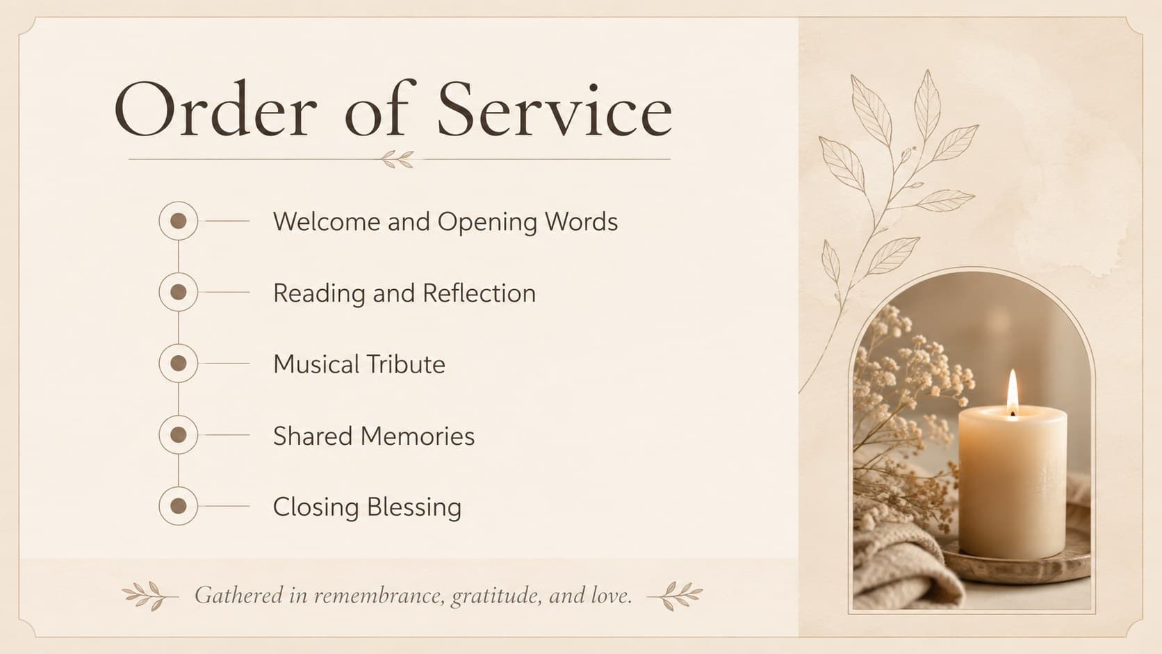 Beige funeral order of service slide presenting a clear ceremony schedule with understated floral accents.
