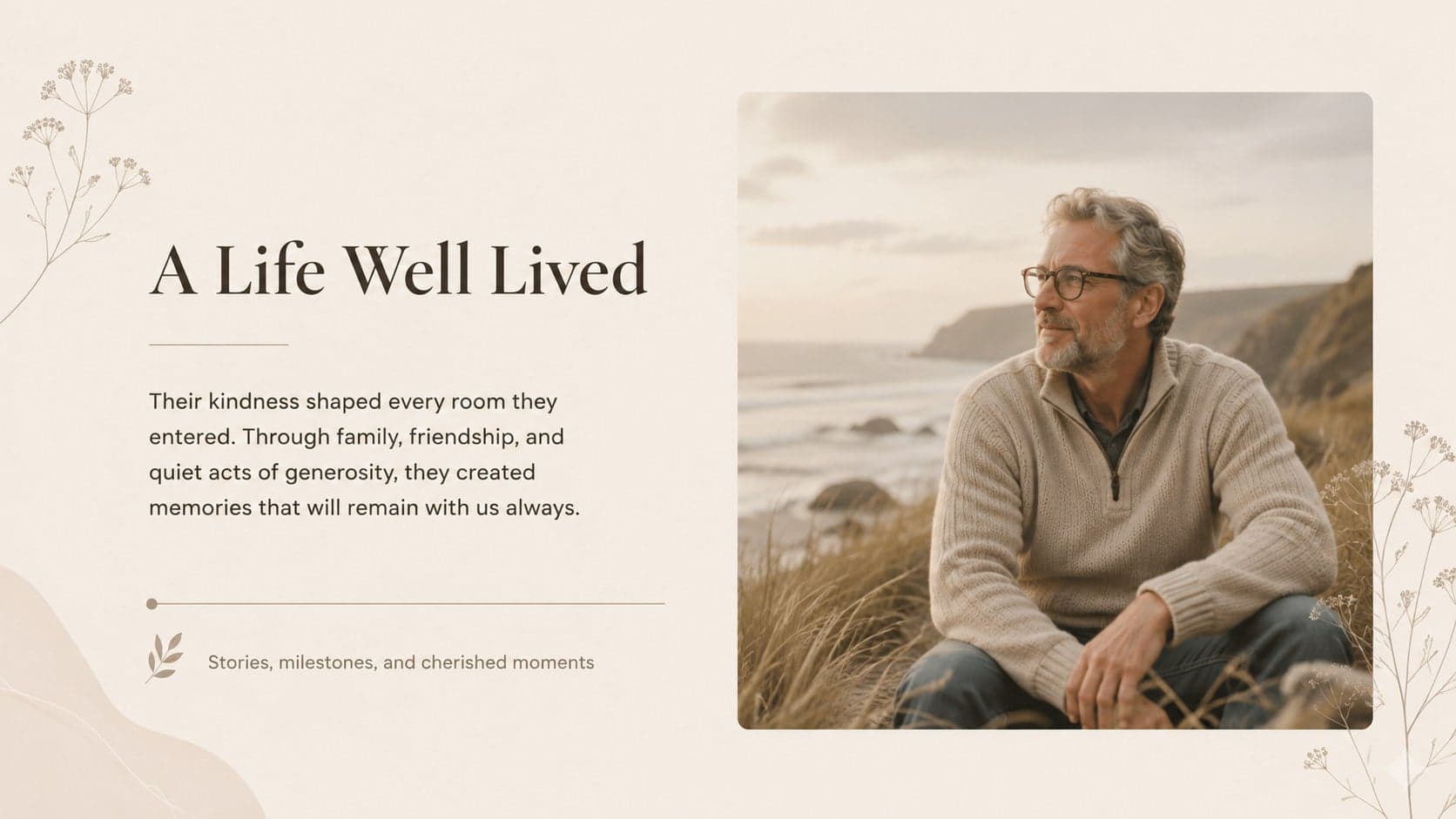 Minimal celebration of life photo tribute slide with a short biography and warm beige styling.