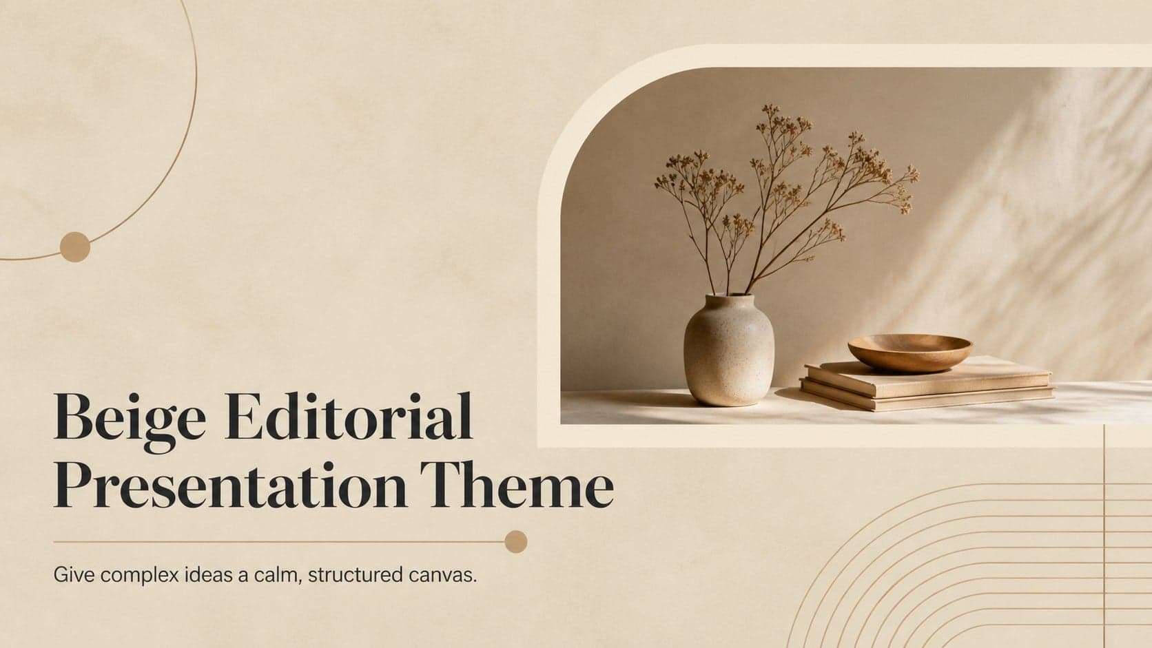 Cover of the Beige Editorial Presentation Theme with warm neutral typography and an asymmetrical editorial composition.