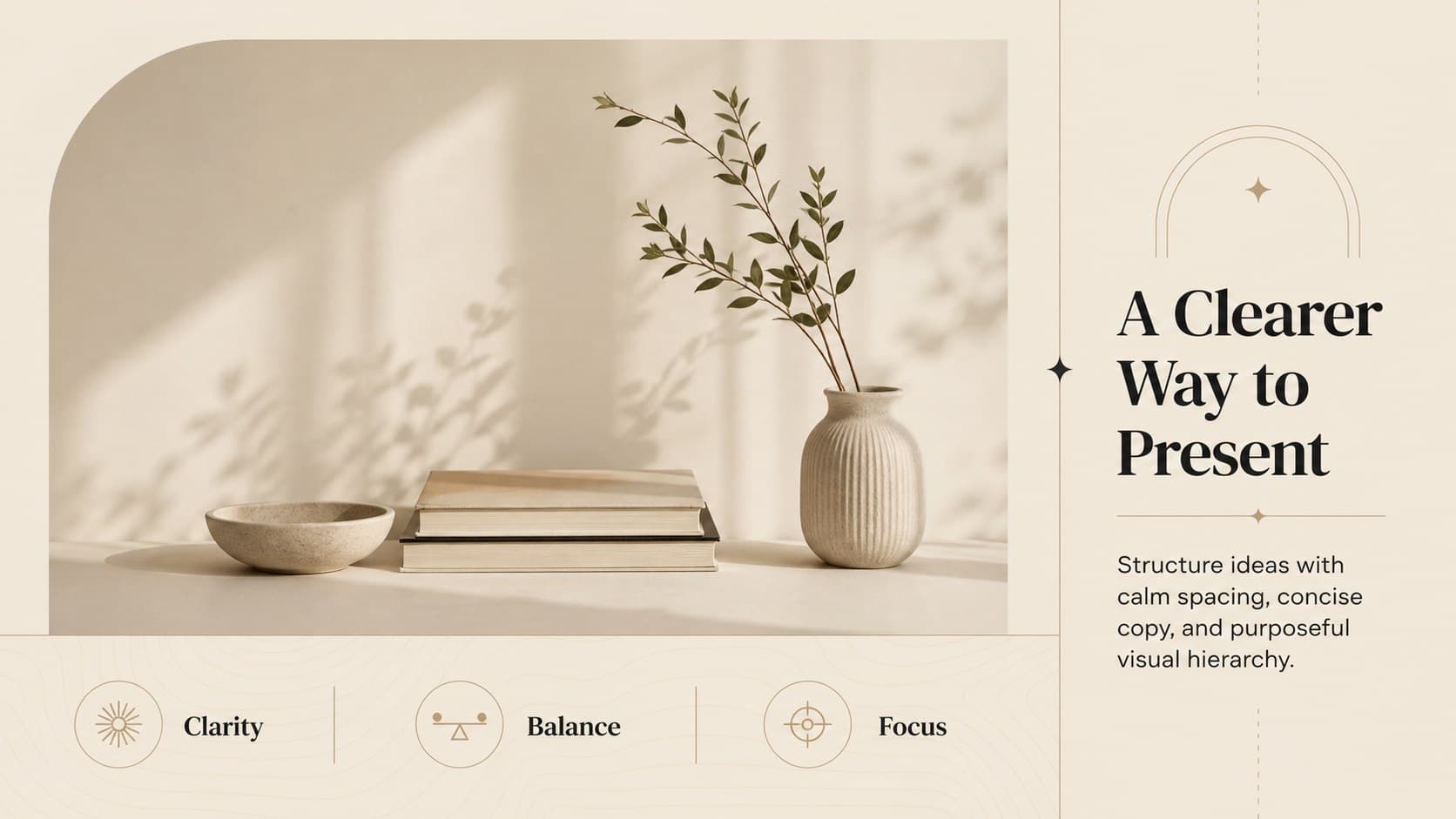 Editorial presentation overview slide introducing clear storytelling with a warm beige minimalist layout.