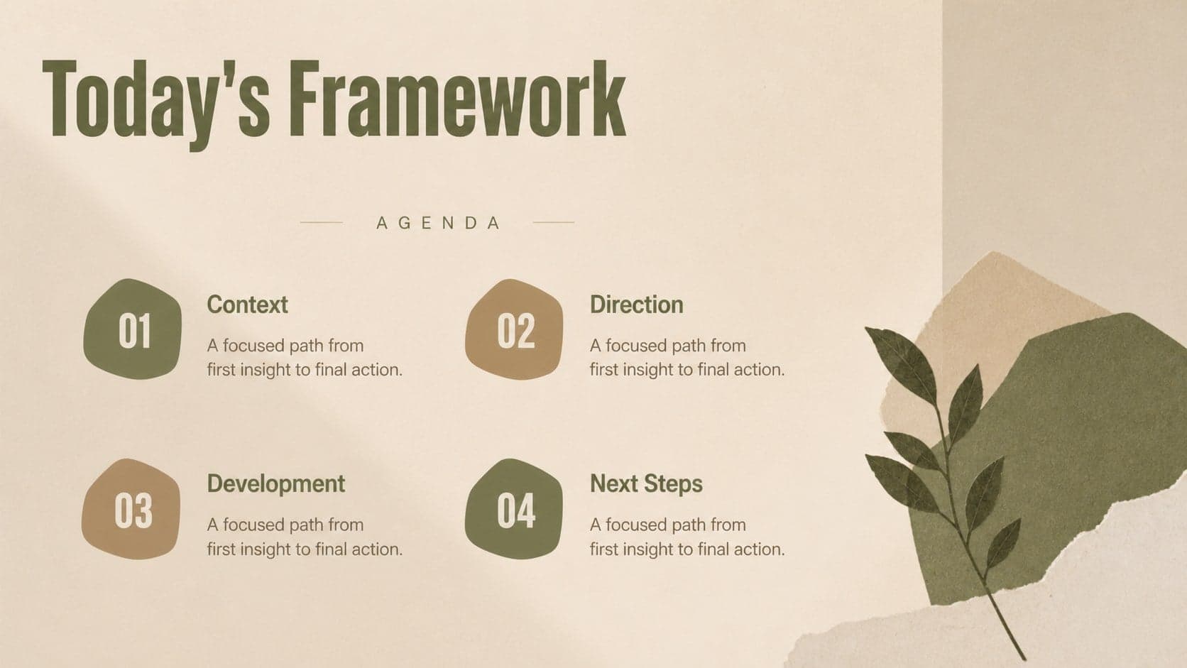 Neutral beige slide deck agenda with four editorial presentation sections arranged in a clean grid.