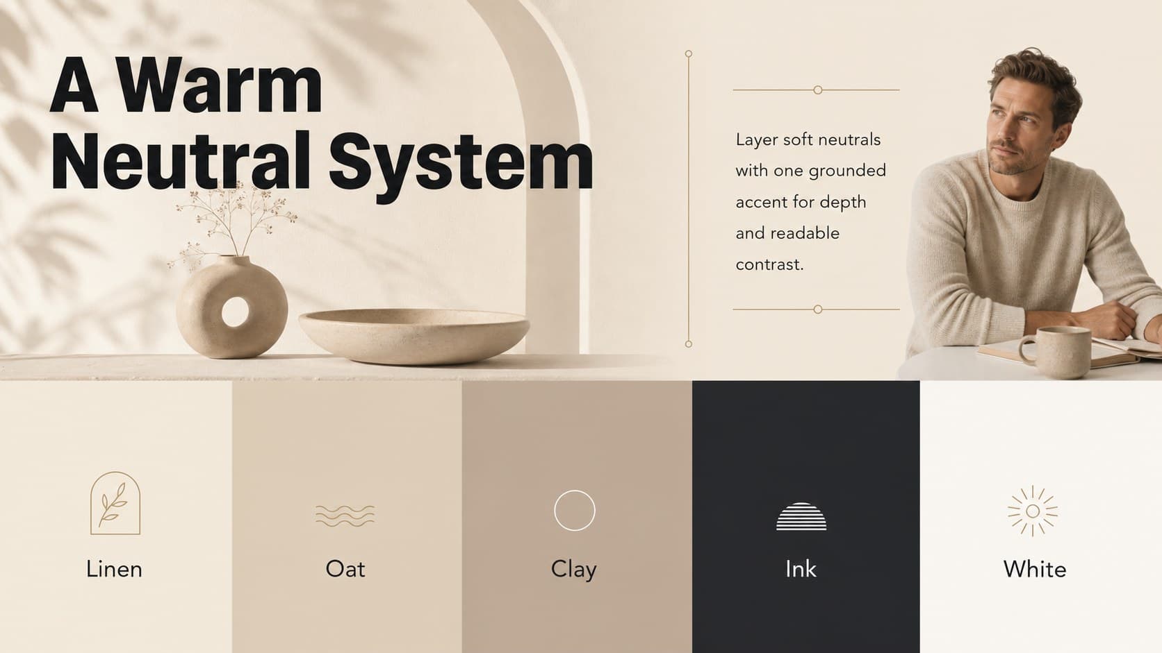 Warm neutral PowerPoint theme slide displaying a beige editorial color system with labeled swatches.