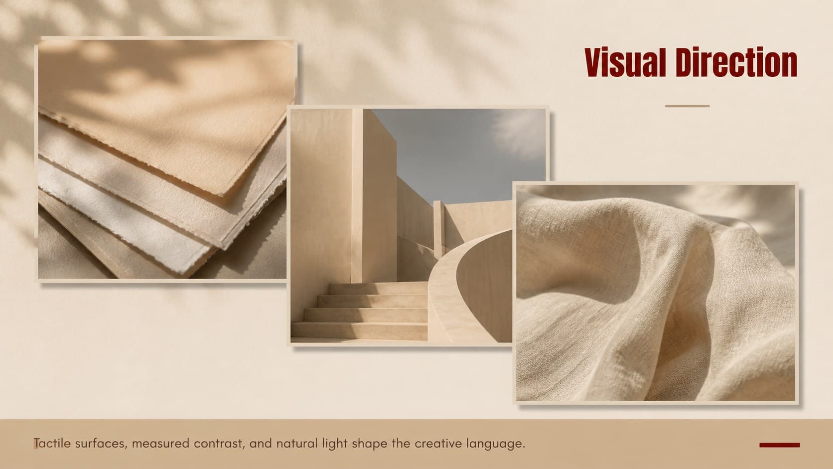Beige portfolio presentation layout featuring a fresh editorial moodboard and concise creative direction notes.