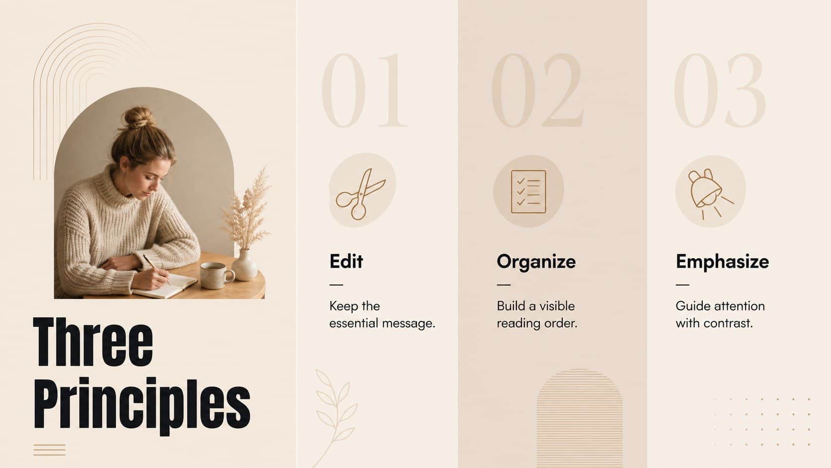 Elegant minimalist presentation template slide explaining three principles for focused visual communication.