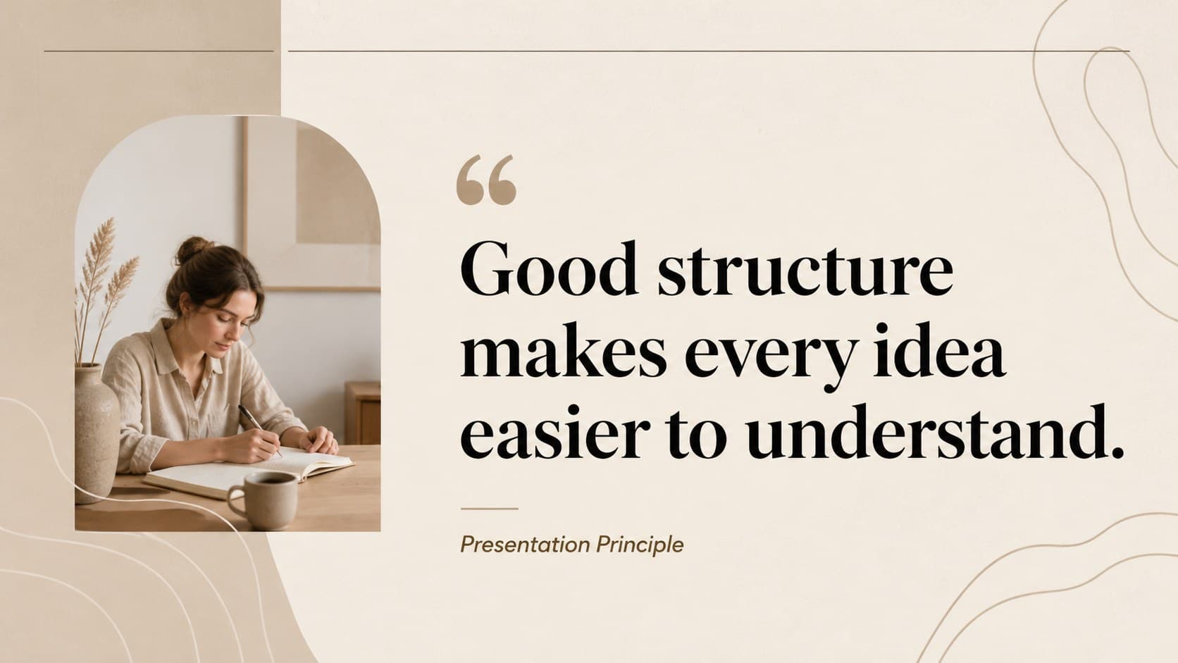 Professional beige presentation design with a prominent quotation and restrained editorial accents.