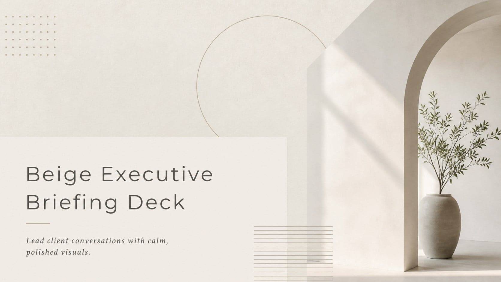 Cover of a Beige Executive Briefing Deck with refined typography and an understated neutral business layout.
