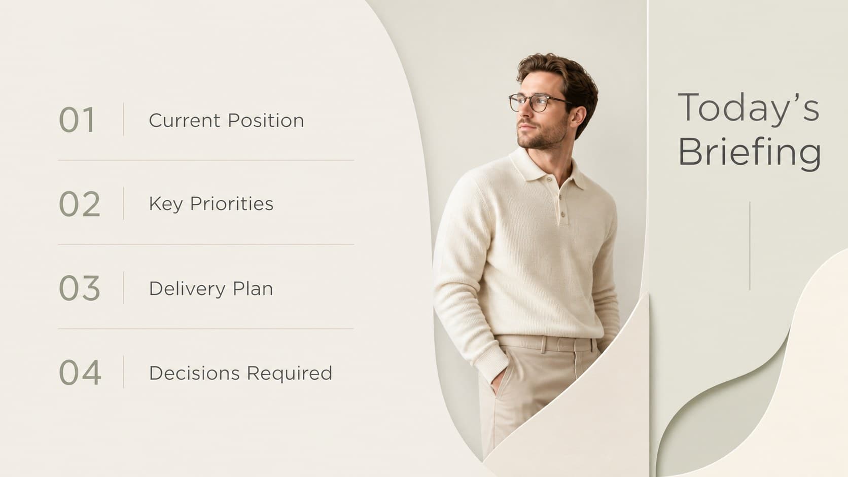 Neutral business agenda slide outlining four sections of an executive briefing.