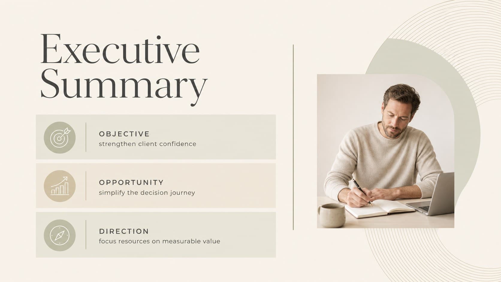 Beige executive summary slide presenting a concise objective, opportunity, and recommended direction.