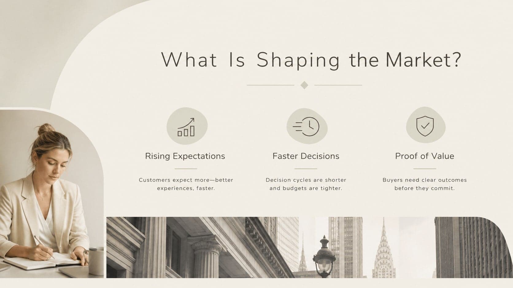 Professional beige market context slide with three business trends and supporting observations.