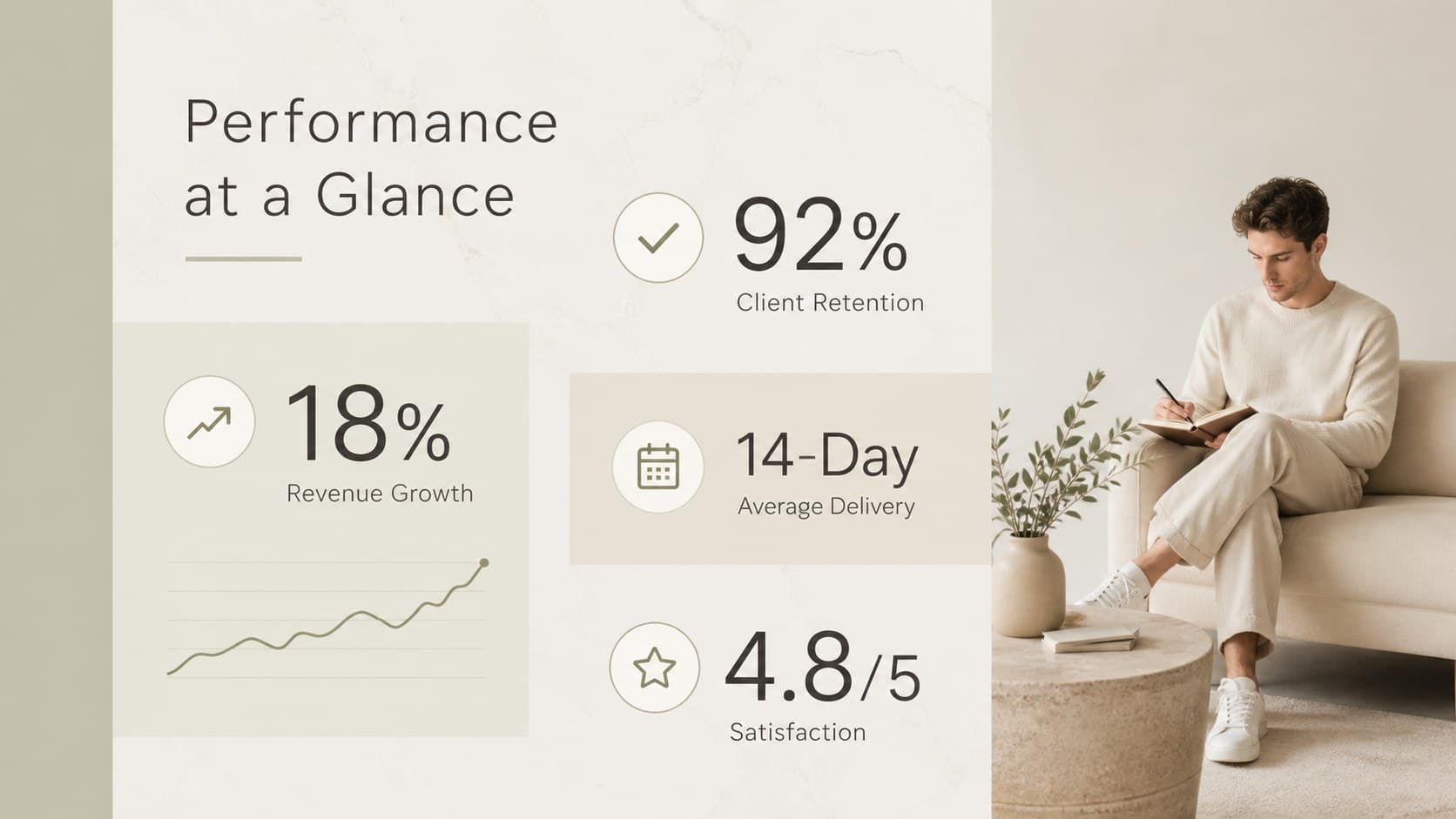 Minimalist executive report presentation slide showing revenue, retention, delivery, and satisfaction metrics.