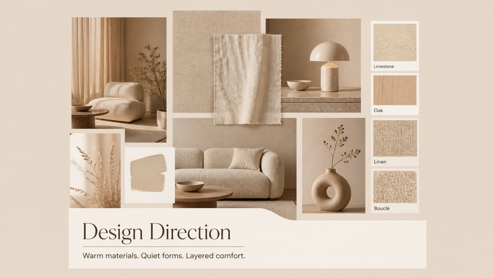 Interior design moodboard slide showing beige materials, furniture references, and a concise project direction.