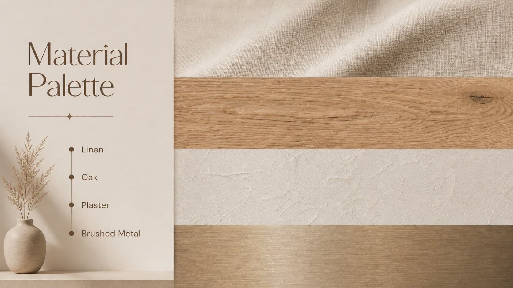 Beige interior design presentation slide organizing a neutral material palette into coordinated texture groups.
