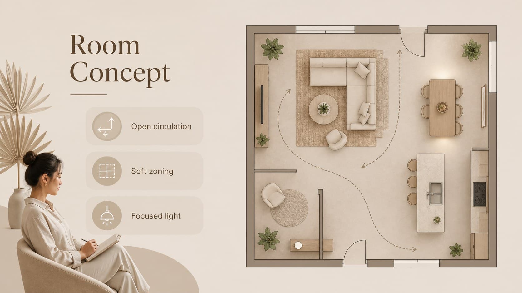 Animated room concept slide presenting a living space layout with beige furniture and spatial annotations.