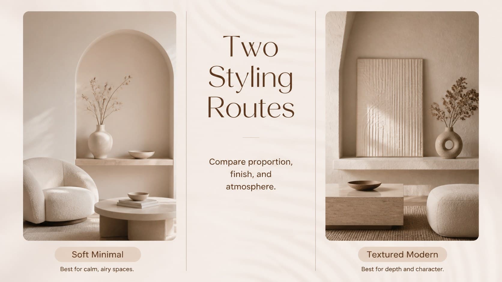 Home decor client presentation slide comparing two beige furniture and styling options.