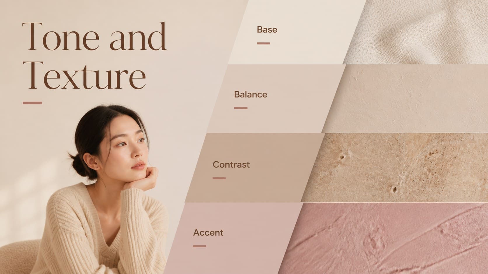Neutral color palette design deck slide mapping tones from light plaster to deeper wood accents.