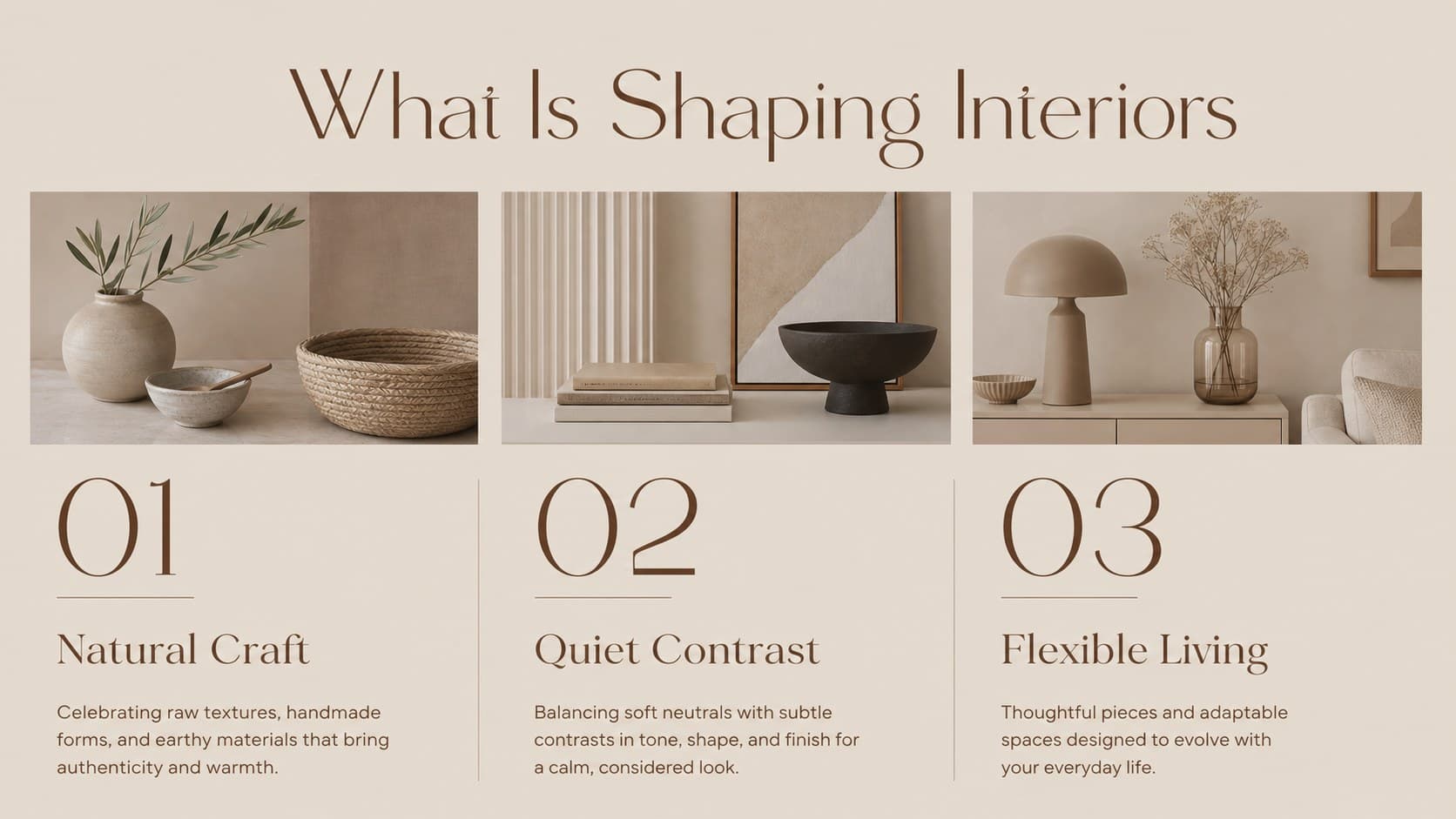 Residential design trend presentation slide displaying three emerging home decor directions in a clean beige layout.