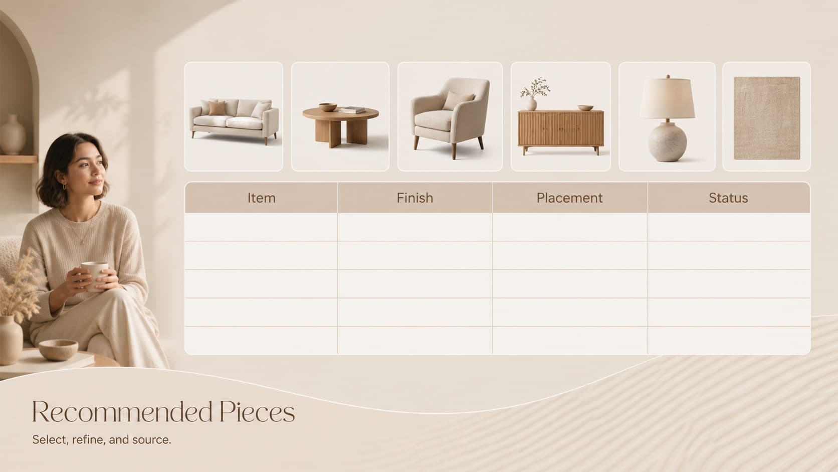 Furniture showroom presentation slide summarizing recommended pieces, finishes, and next-step selections.