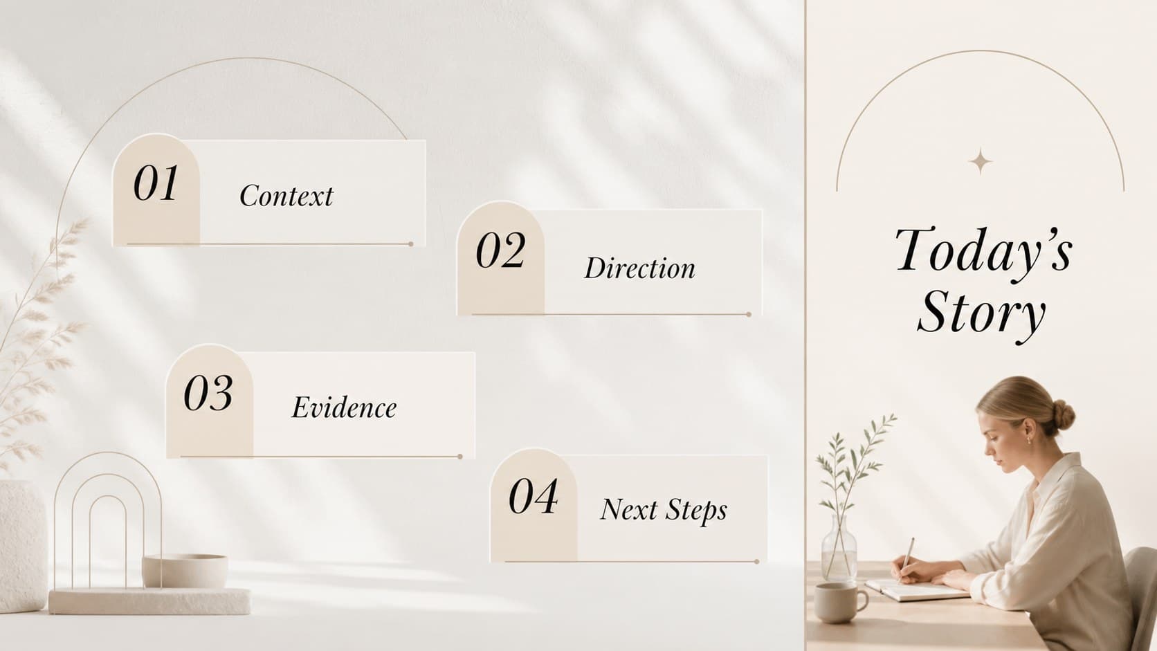 Minimal beige agenda slide presenting four sections for a professional storytelling deck.