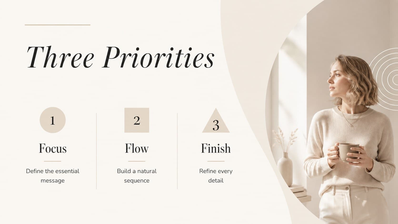 Beige business presentation deck slide showing three strategic priorities in a spacious column layout.