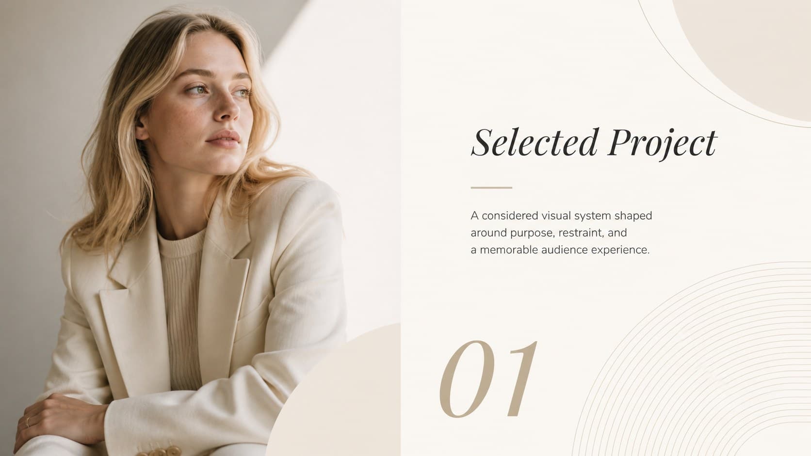 Minimalist portfolio slides theme featuring an original editorial photograph beside concise project details.