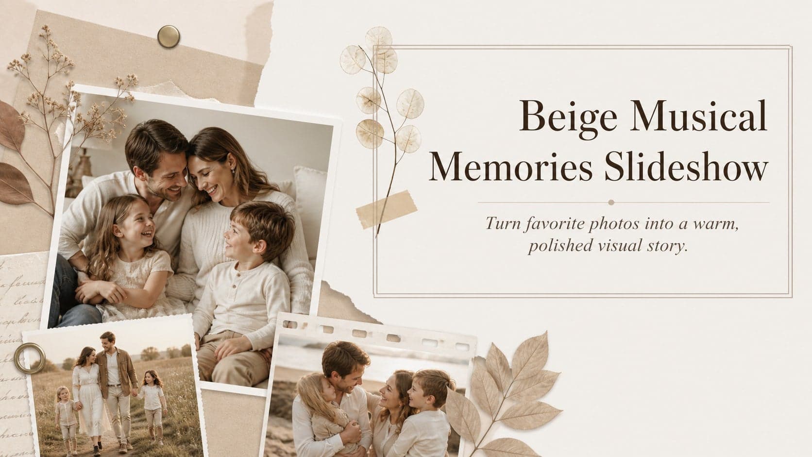 Cover of a beige musical memories slideshow with an elegant photo collage and botanical paper accents.