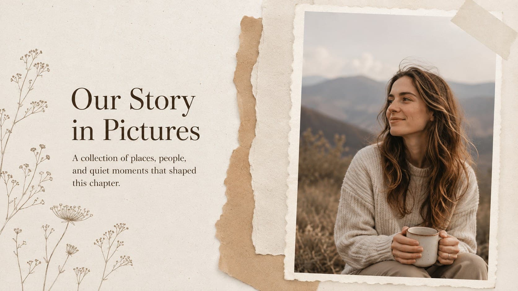 Neutral photo story presentation introduction with layered snapshots and a short personal narrative.