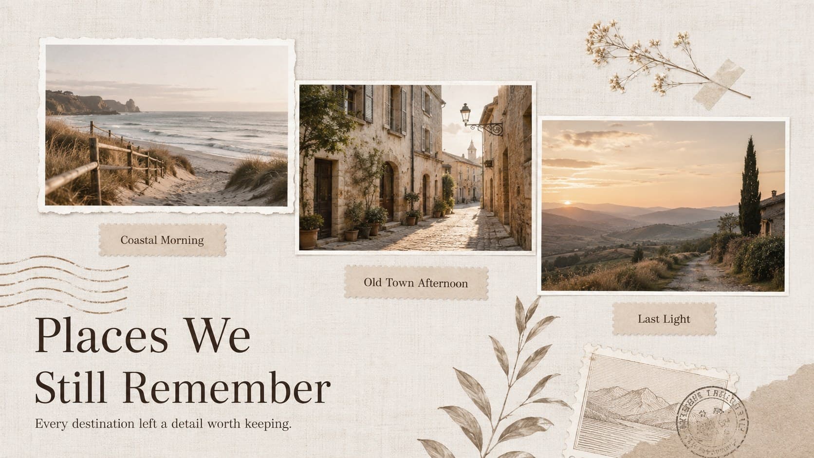 Beige photo album slide featuring three travel memories with dates and concise captions.